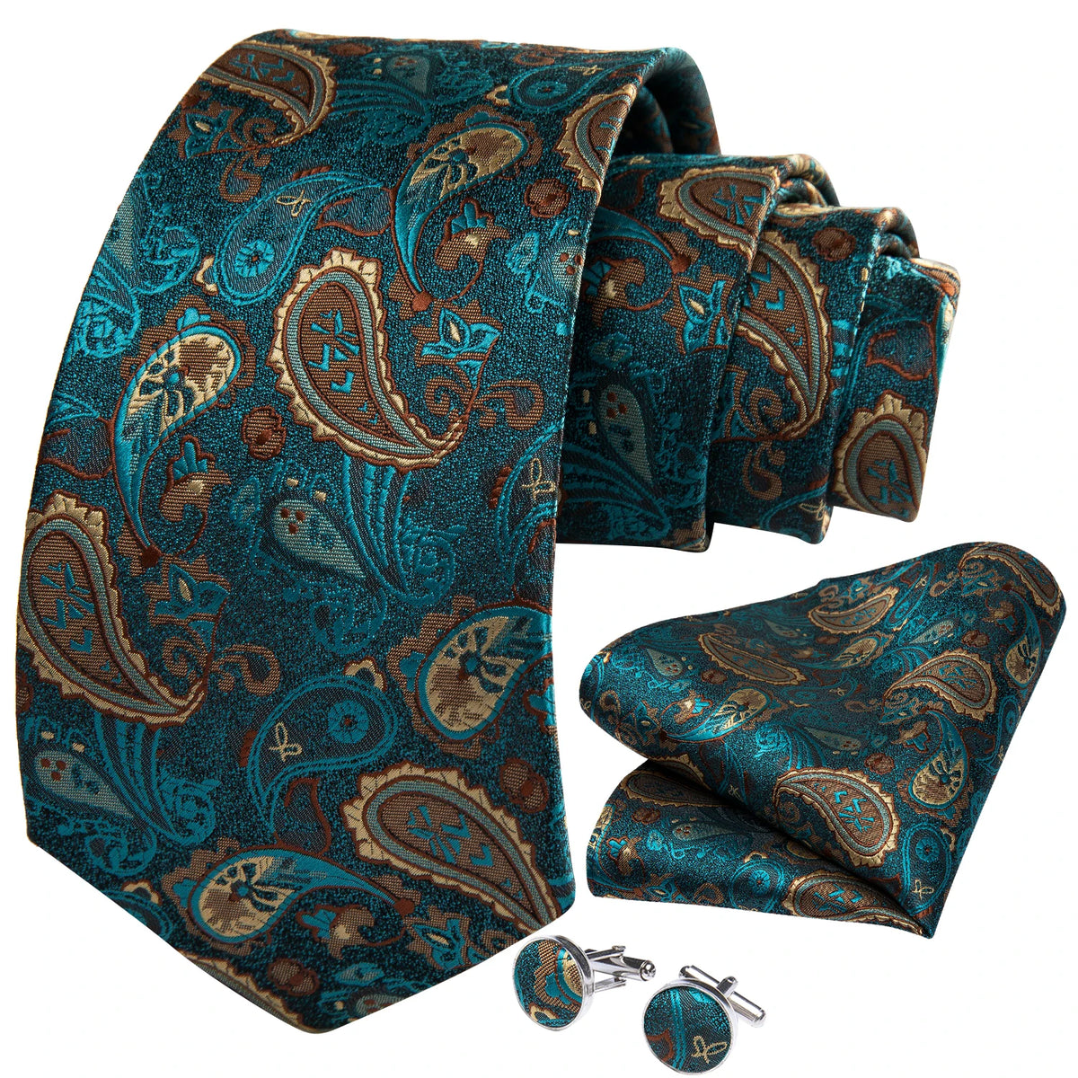 8cm Men's Polyester Ties Pocket Square Cufflinks Green Gold Paisley Wedding Party Accessories Necktie Gift