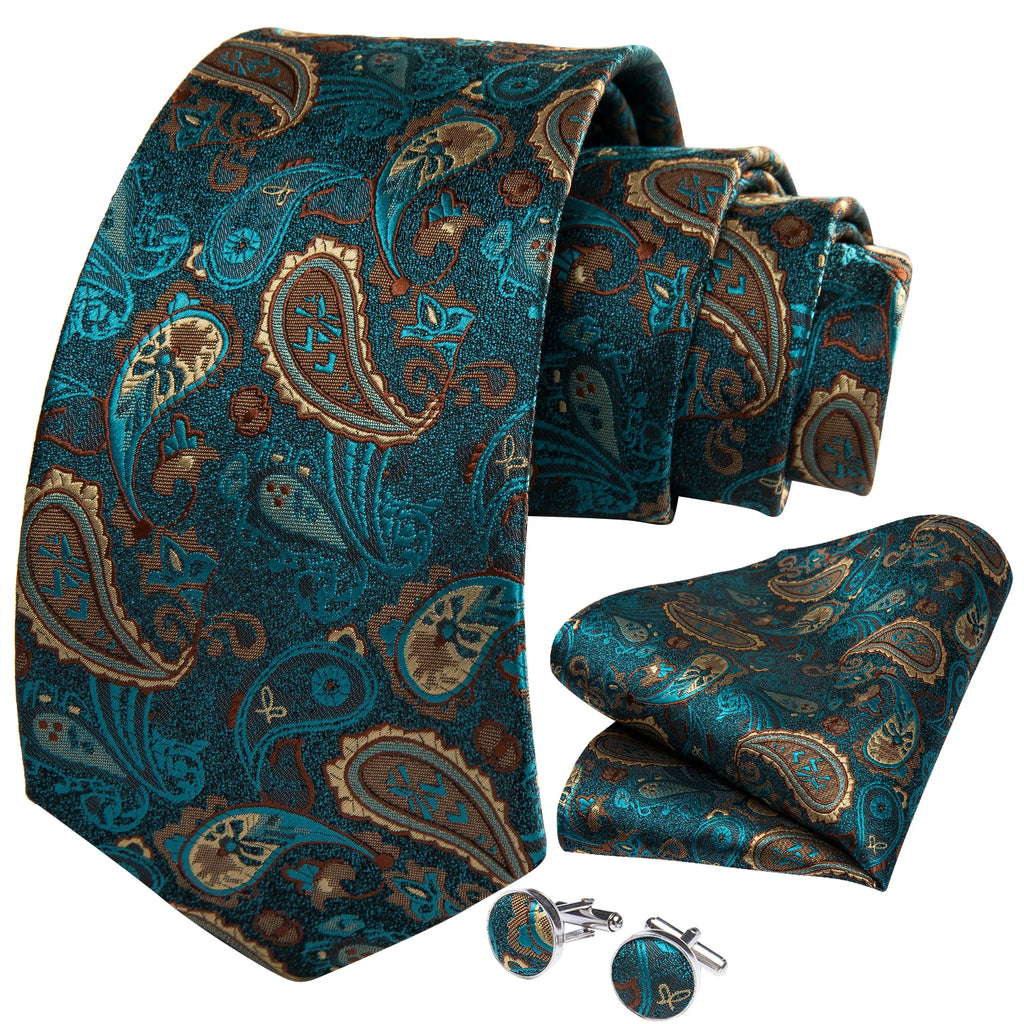 8cm Men's Polyester Ties Pocket Square Cufflinks Green Gold Paisley Wedding Party Accessories Necktie Gift