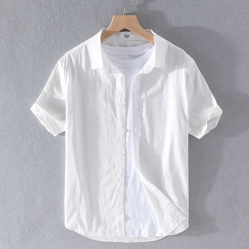 High Quality Cotton Linen Men's Summer Fashion Shirt Solid Color Simple Casual Short Sleeve Blouses Basic Thin Breathable Tops