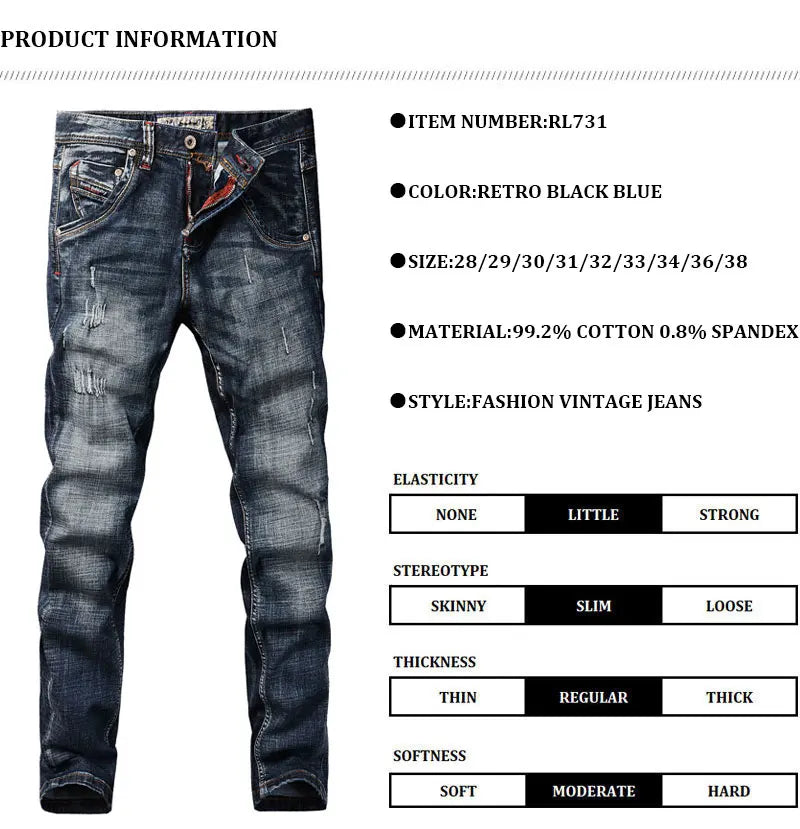 Italian Style Fashion Men Jeans High Quality Retro Black Blue Elastic Slim Fit Ripped Jeans Men Vintage Designer Denim Pants