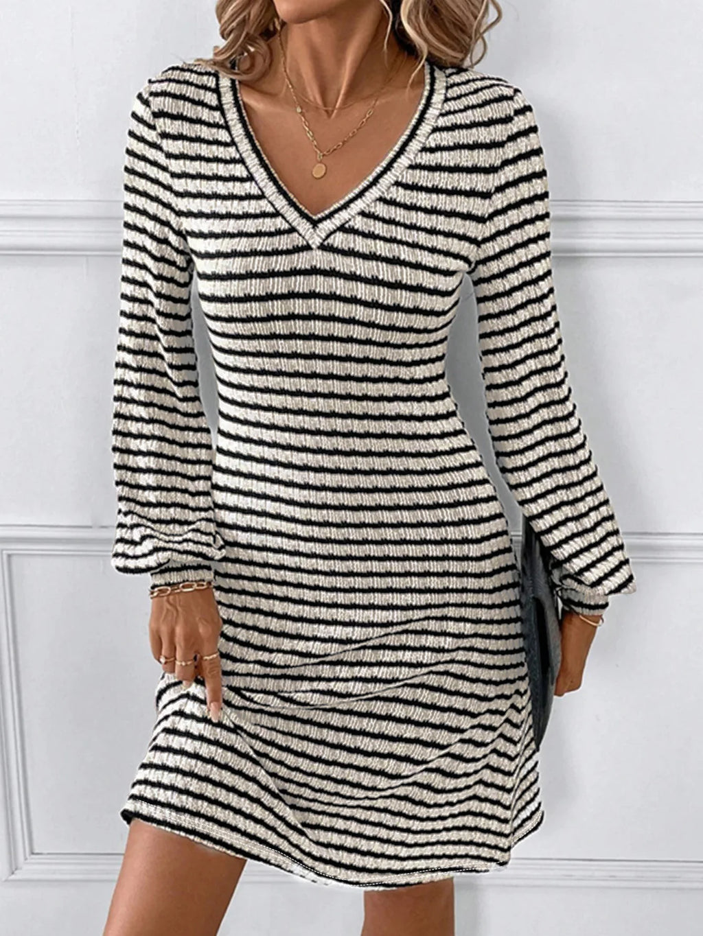 Women's Striped Knit V - Neck Dress, Long - Sleeve, Casual Fit for Fall & Daily Looks