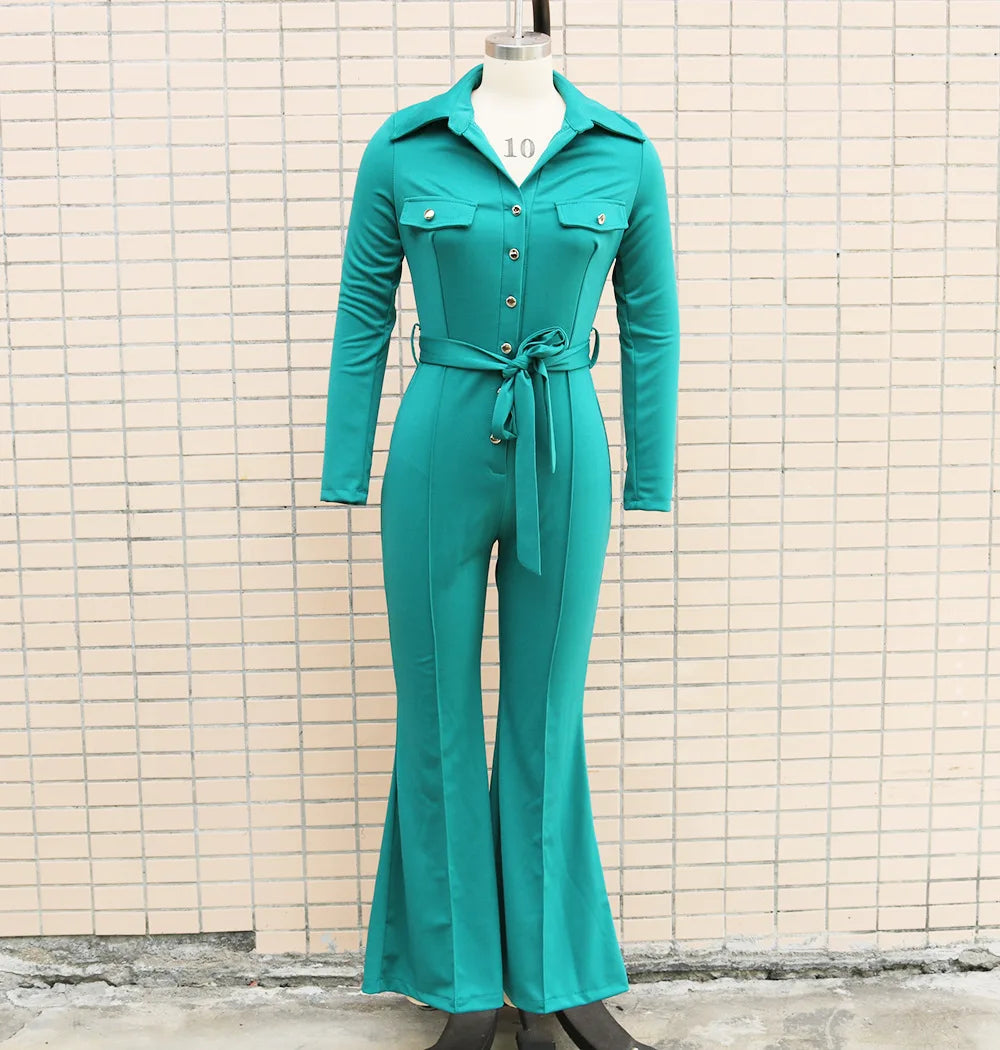 Women's Autumn Winter Elegant Turn Collar Long-Sleeve Shirt Jumpsuit Rompers