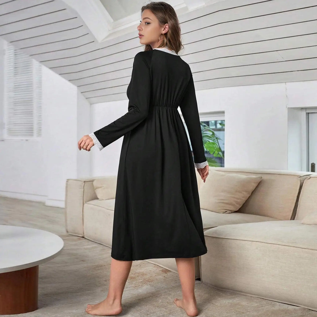 Women's Home Wear Long Nightgown Cotton Long Sleeves V Neck Sleepwear Dress Sexy Nightwear Clothes Lounge Ladies Nightshirt