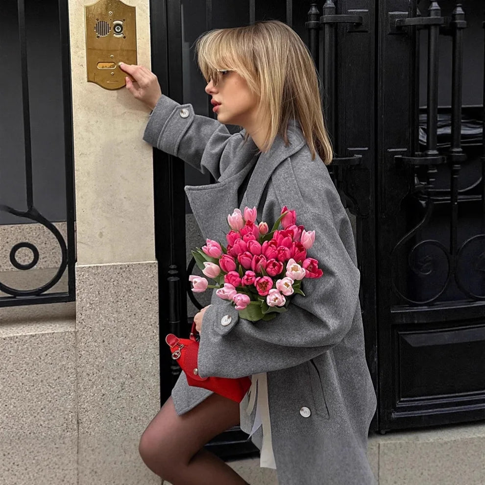 Gray Wool Blend Coat Notched Lapel Double Breasted Long Sleeve Cuff Detail Loose Mid-Length Women Commuter Woolen