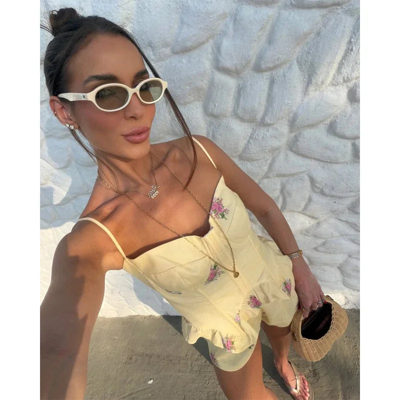 Fashion Print Spaghetti Strap Top Shorts Set Women Sleeveless Ruffled Hem Cropped Fishbone Corset Suit 2026 Lady Vacation Outfit