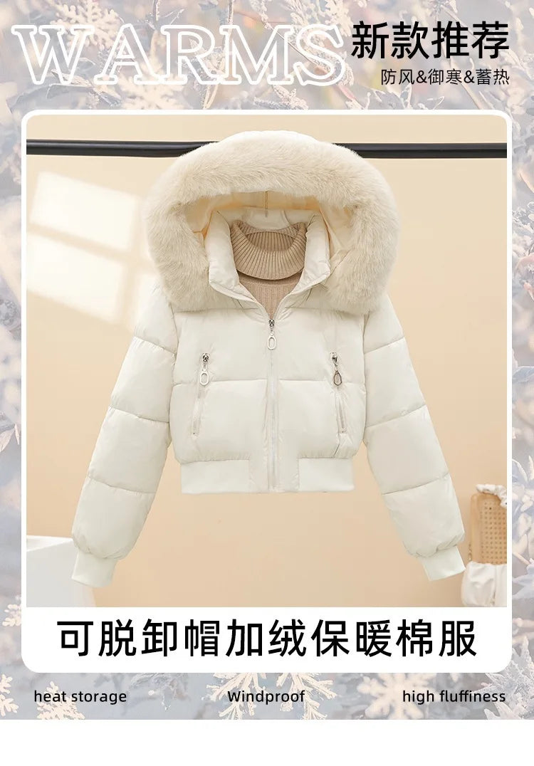 Winter Casual Versatile Cotton-Padded Jacket with Fur Collar Short Hooded Warm Coat New Style Women's Outdoor Puffer Jacket