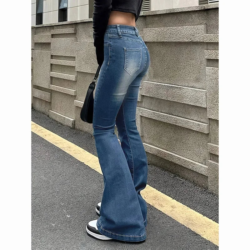 2025 Girls Concise Ins High Waist Flared Jeans Female Stretchy Bootcut Denim Pants Women Solid Color Thin Bell Bottoms Trousers