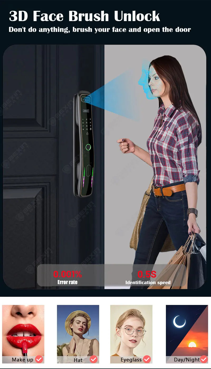 WISHome APP or Tuya App 3D Face Recognition smart Door Lock Unlock Digital Smart Lock Fingerprint Key Card Nfc Phone Unlock Lock
