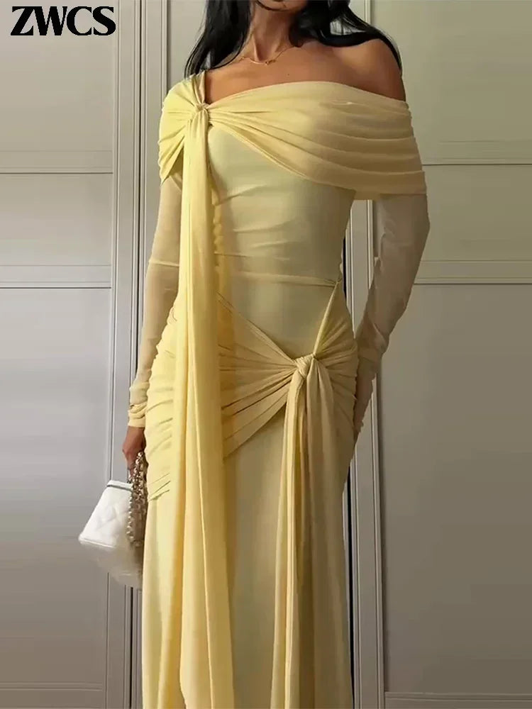Yellow Pleated Off-shoulder Ribbon Dress Women's Sexy Lace Up Full Sleeve Bodycon Dresses 2025 Autumn New Elegant Party Vestidos