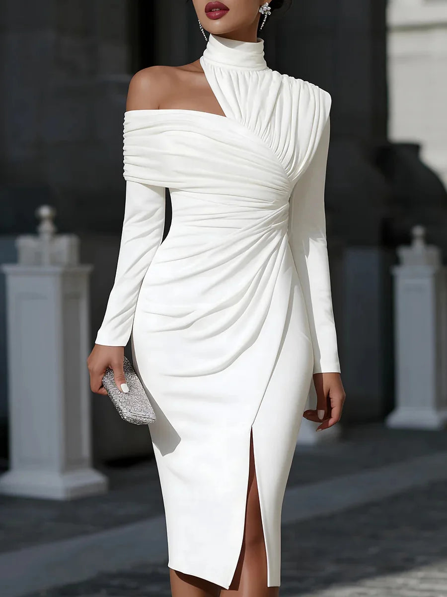 Women's Elegant Off Shoulder High Neck Midi Dress Long Sleeve Ruched Bodycon Package Hip Dress With Slit Formal Party Dress New