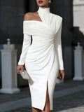 Women's Elegant Off Shoulder High Neck Midi Dress Long Sleeve Ruched Bodycon Package Hip Dress With Slit Formal Party Dress New