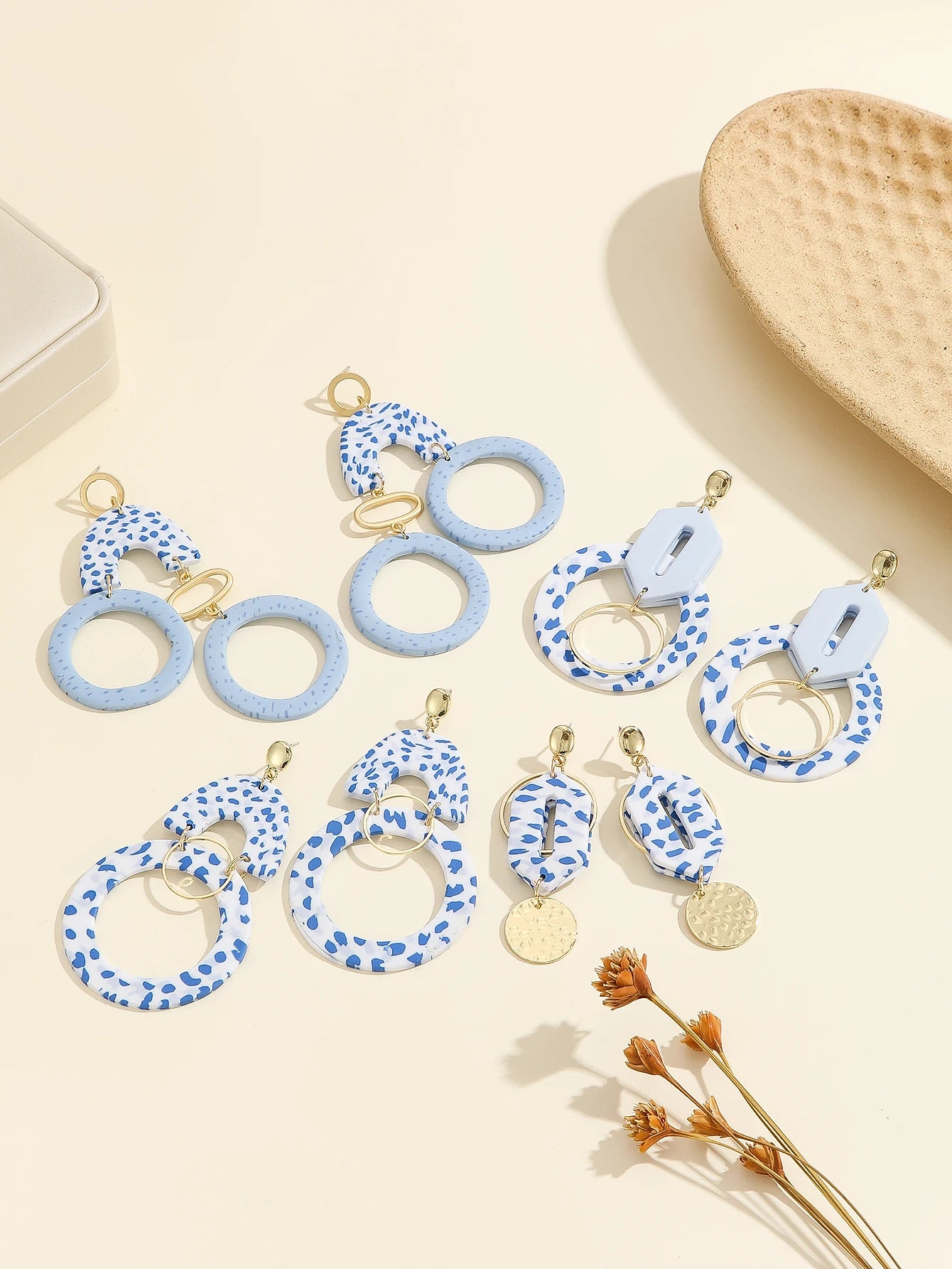Mediterranean Blue Mosaic Arch Earrings Modern Light Blue Double Hoop Thin Dangle Artsy Statement Jewelry Summer Accessories