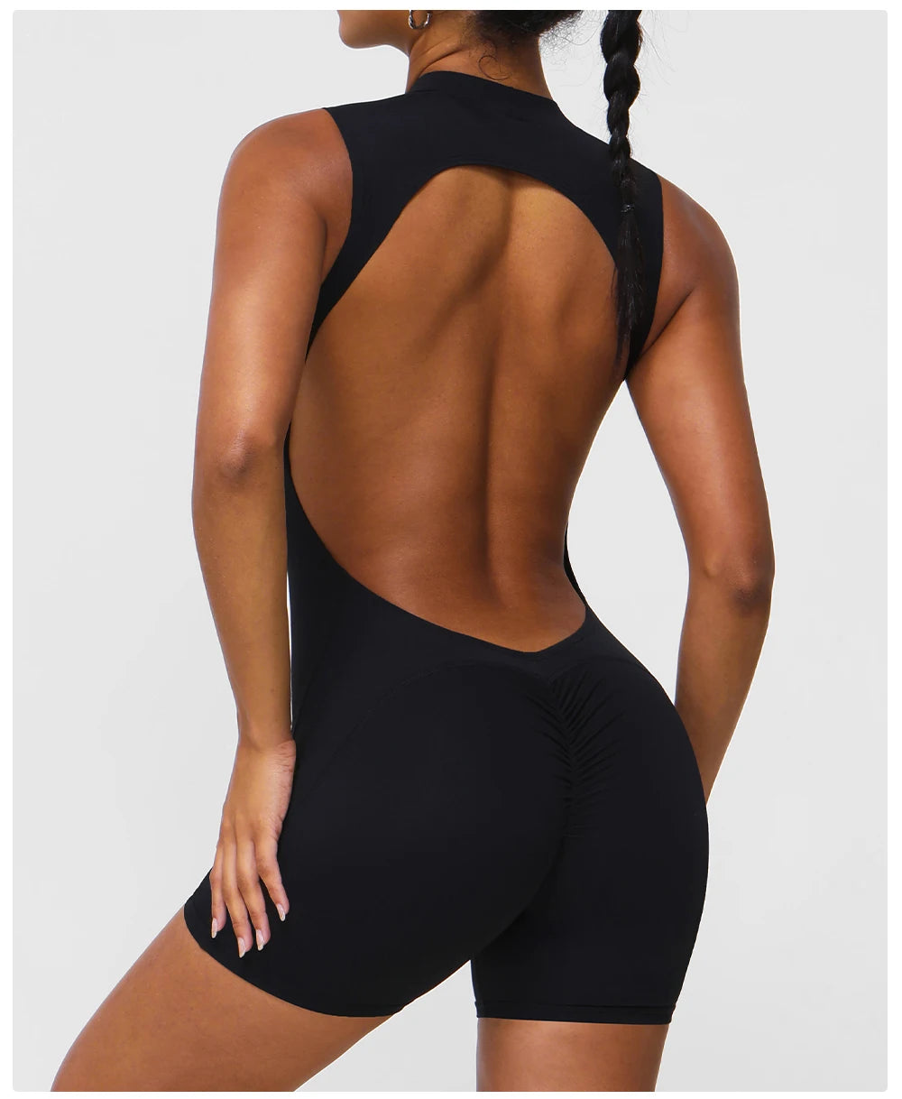 Women Fitness Backless Jumpsuit Sleeveless Gym Running Training Shorts Set Lift Buttocks Padded Jumpsuit