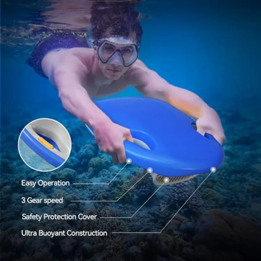 Swim training board for pool use, EVA foam material, blue color, 3-speed electric propulsion and rechargeable battery