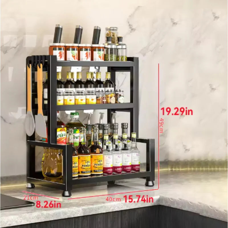 Kitchen Spice Rack Organizer, 3 Tier Adjustable Metal Storage with Knife Holder Hooks Black
