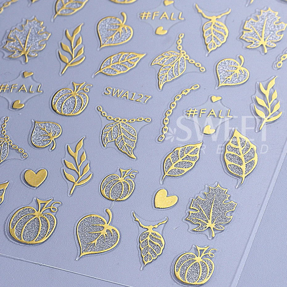2pcs Glitter Pumpkin Nail Art Stickers Autumn Shiny Fall Leaves Designs 3D Self Adhesive Nail Decals DIY Manicure Decoration