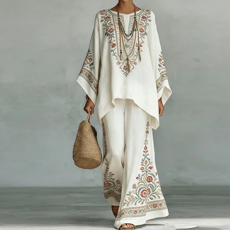 Holiday Wide Leg Pants Loose Two Pieces Sets, Women Summer Print Patchwork Simple Outfit, 2026 O Neck Pullover Top Ladies Suits