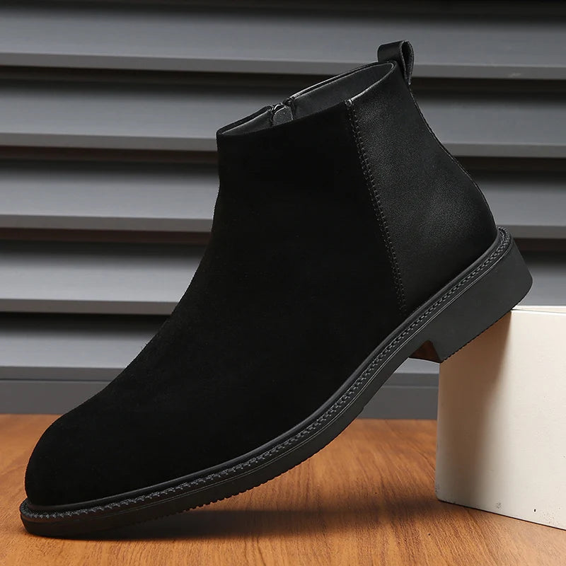 Classic Black Leather Pointed Chelsea Mid Top Boots Leather Shoes Fashionable Suede Leather Men's Autumn Comfortable Short Boots