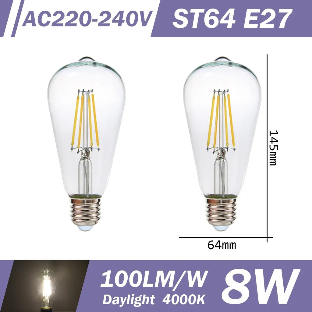 2PCS LED Filament Bulb E14 E27 C35 C35T ST64 G80 A60 220V 4W 9W Warm White Glass 360 Degree Edison Retro Candle Light Blubs