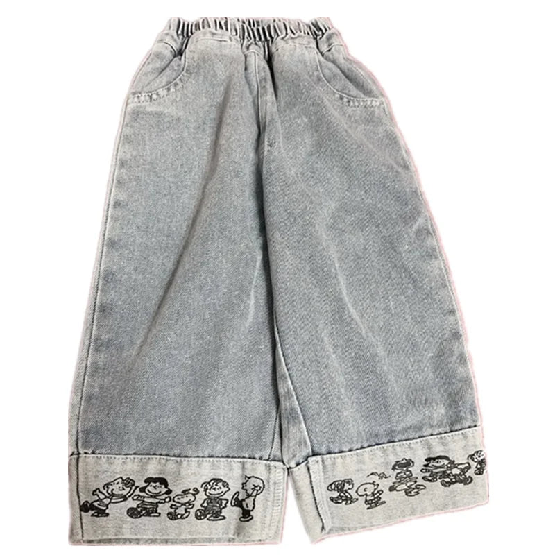 Spring Autumn Baby Boy Wide Jeans Korean Casual Cartoon Outwear Children Boy Denim Pants Loose Elastic Waist Kid Boys Trousers