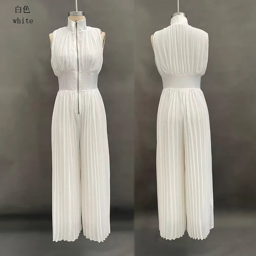 Spring Summer Women White Ruched Halter Jumpsuit Playsuit Wide Leg Romper
