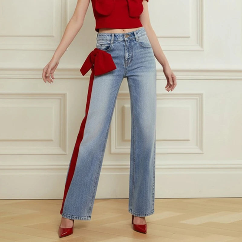 Krisstargirls Women's Fall Winter Going Out Jeans 2025 New Stylish Elegant Bow-embellished Blue Leisure Fashion Pants for Ladies