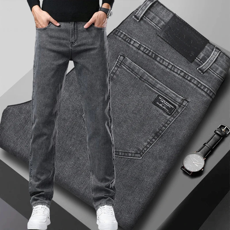 Men's Slim Jeans Korean Fashion Elastic Straight Casual Denim Pants Comfortable Work Male Spring Autumn Trousers Black Gray