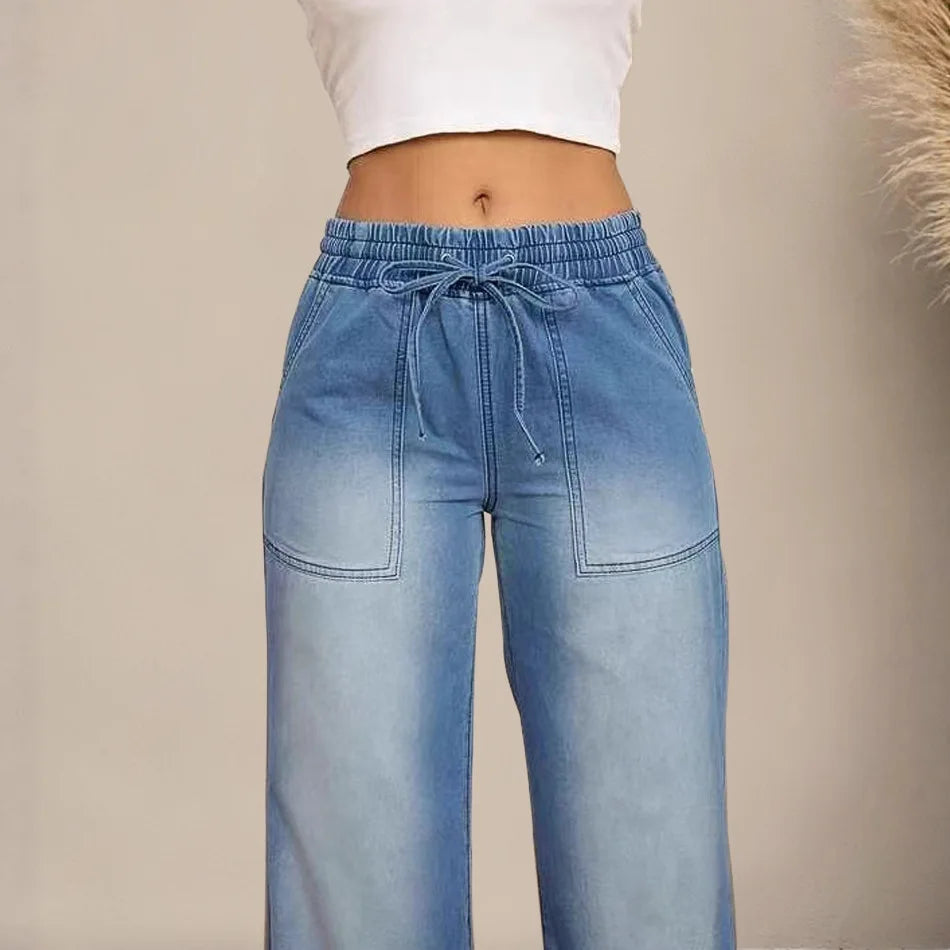 Chic High Waist Drawstring Denim Pants Women's Straight Wide Leg Jeans Fashion Trousers