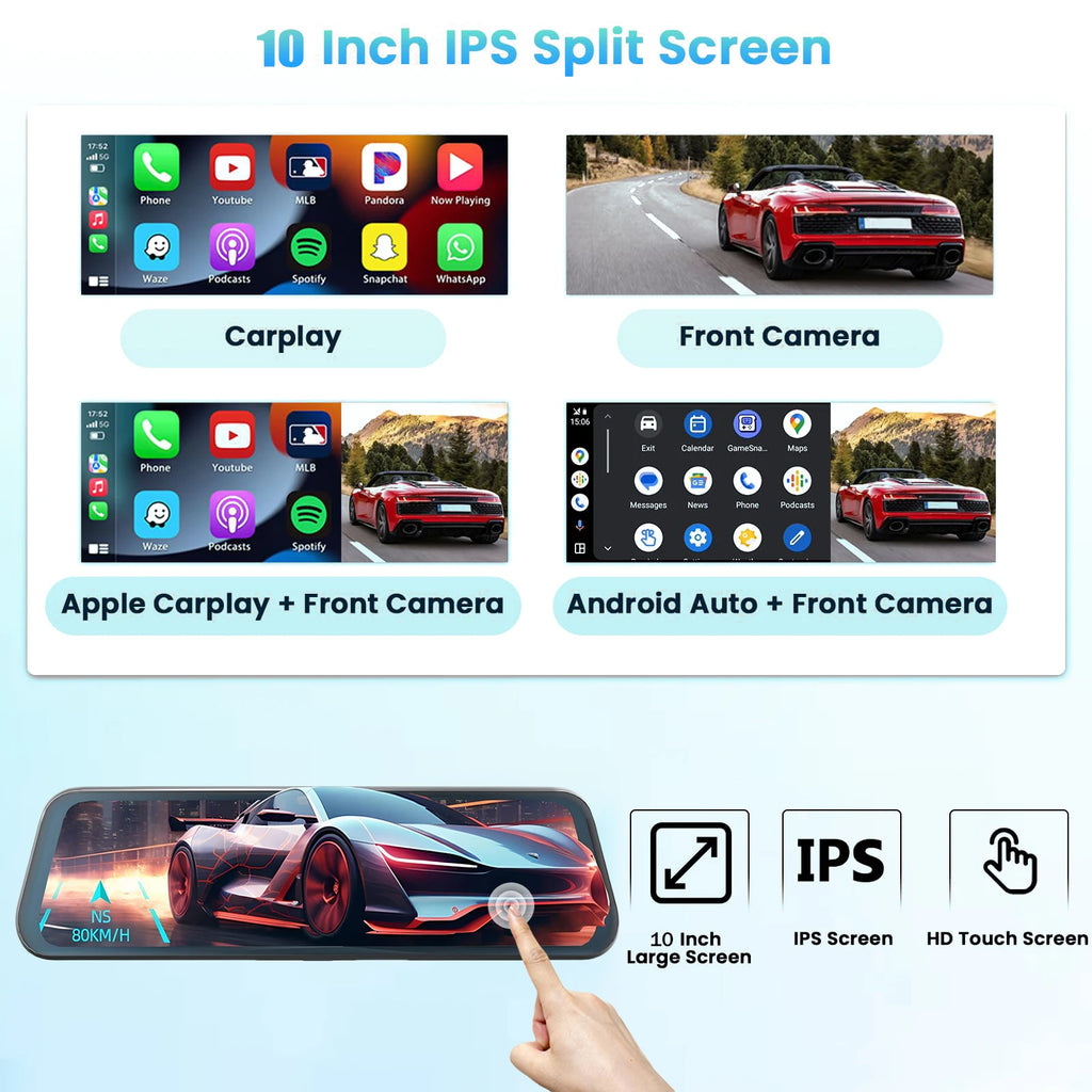Aprilboy 10'' 4K Mirror Dash Cam Dual Camera with Wireless Carplay Android Auto Parking Assistance Loop Recording Navigation