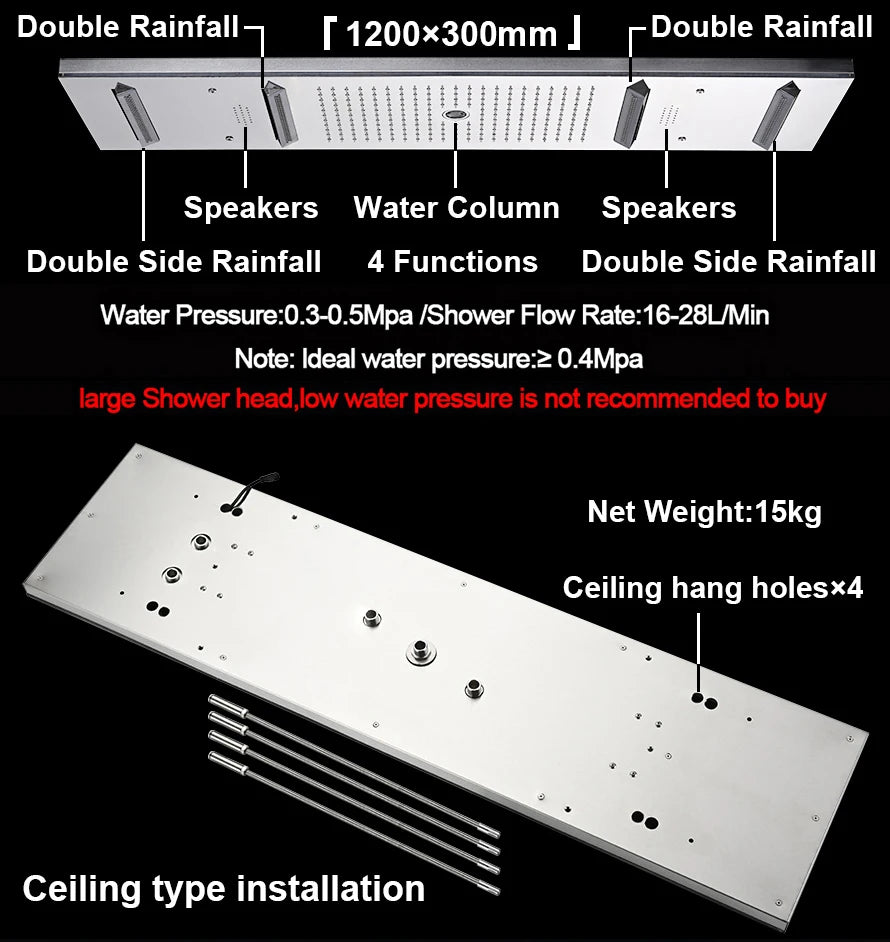 M Boenn 47*12 Inch LED lighting Large Black Shower Head Rainfall Bathroom Faucet Hot Cold Shower System Set Smart Showers Mixer