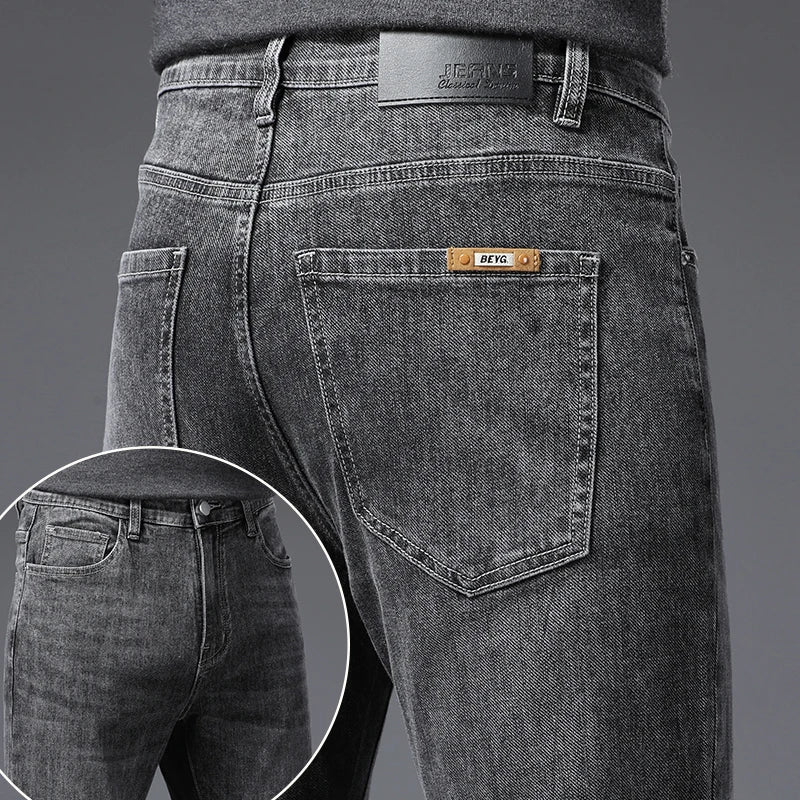 Korean Fashion Men's Soft Stretch Slim Fit Jeans Business Casual Straight Denim Pants Classic Brand Washed Blue Gray Trousers