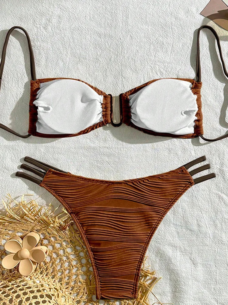 Vzvn Sexy Solid Beach Vacation Bikinis Set Women Split Swimsuit Bikini 2026 New All Season Backless Bandage Bikinis 2 Piece Set