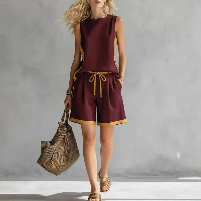 Women Color Block Sleeveless Tank Top Drawstring Shorts Two Piece Set Casual Loose Summer Outfit