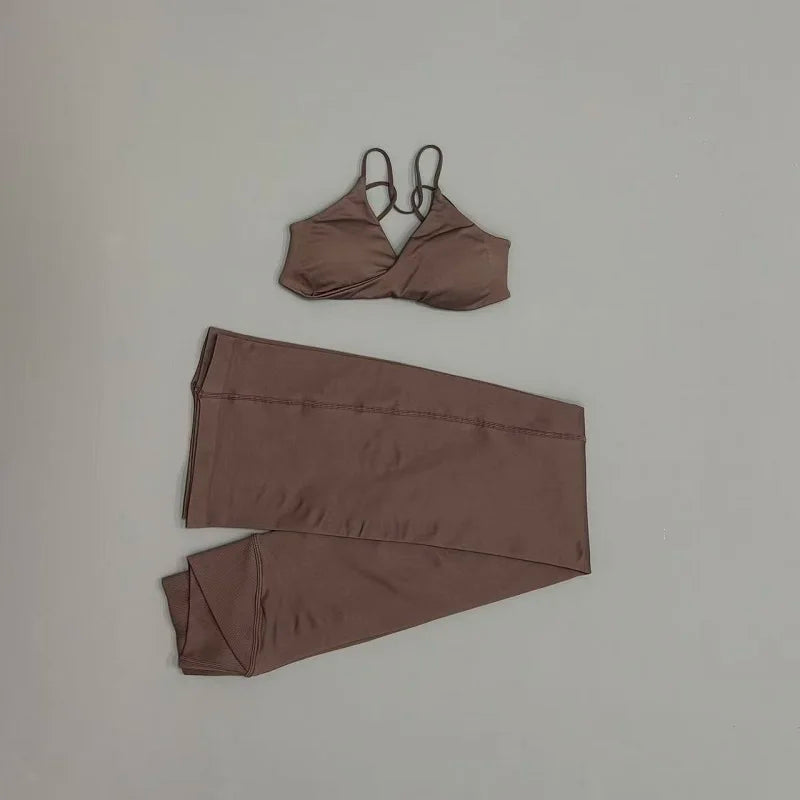 2Pcs Sports Set Women Seamless Front Tie Crossover Bra Crossover Waist Flare Leggings Sets Gym Fitness Workout Sports Sets