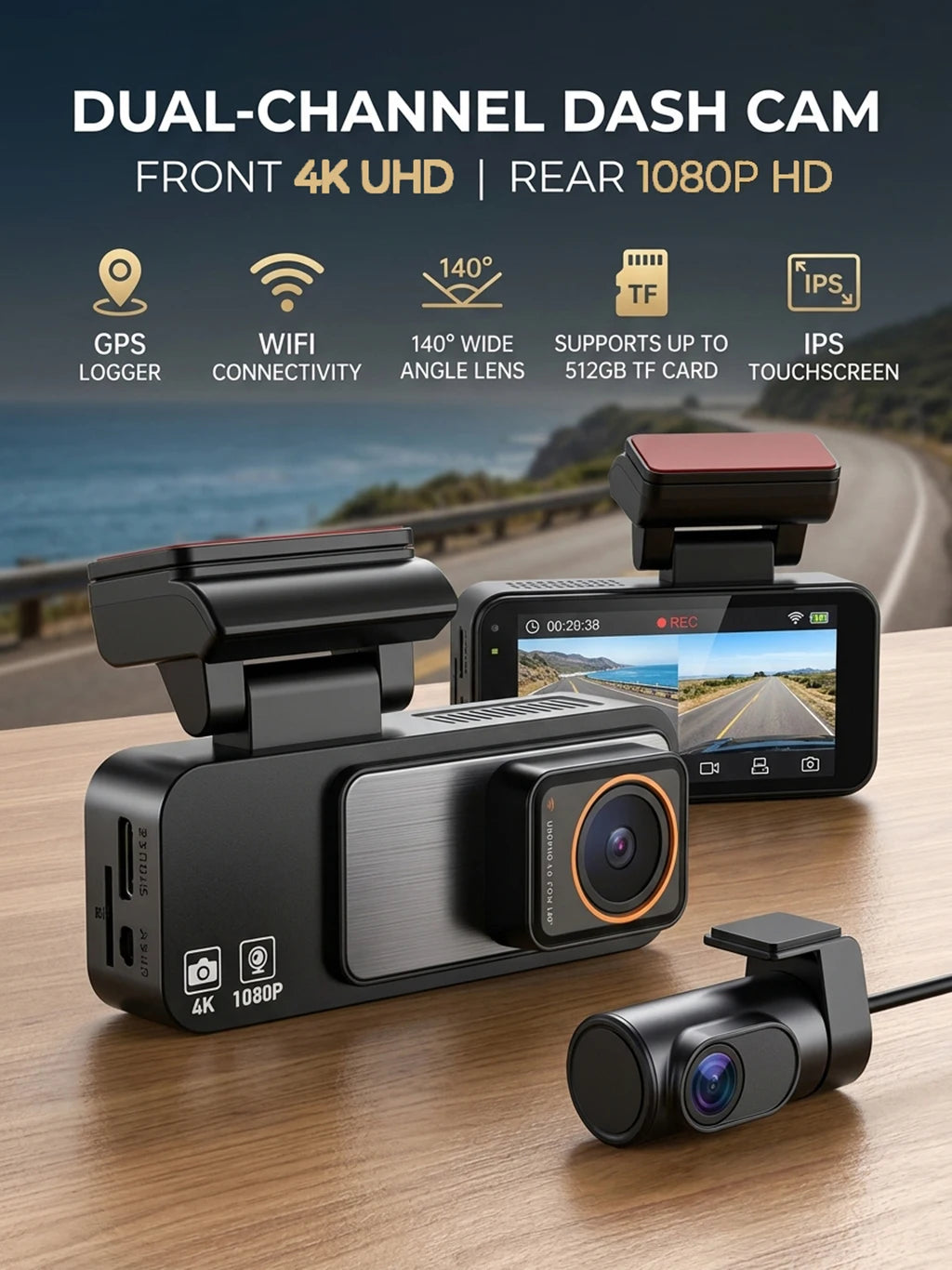 Dash Cam Dual Lens 4K UHD Recording Car DVR GPS WDR Night Vision Video Recorder Wi-Fi Room Black Box 1080P Rear View Camera