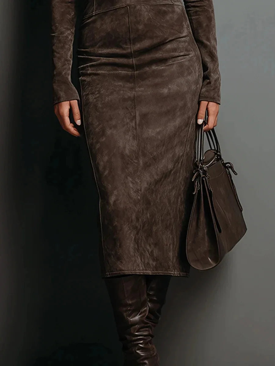 Women's Dress Elegant Slim American Retro Long Sleeve Turtleneck Suede Leather Vintage Solid Autumn Spring Midi Dresses