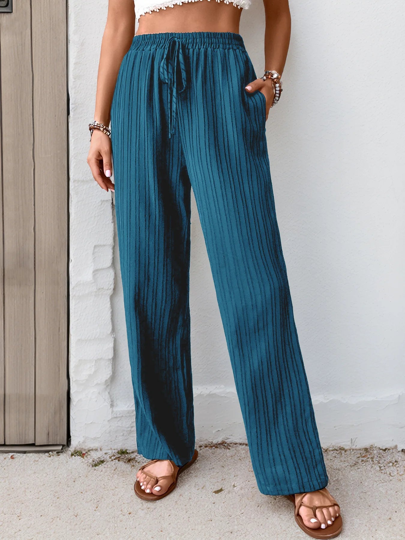 Womens High Waist Pleated Wide Leg Pants Simple Versatile Loose Casual Trousers