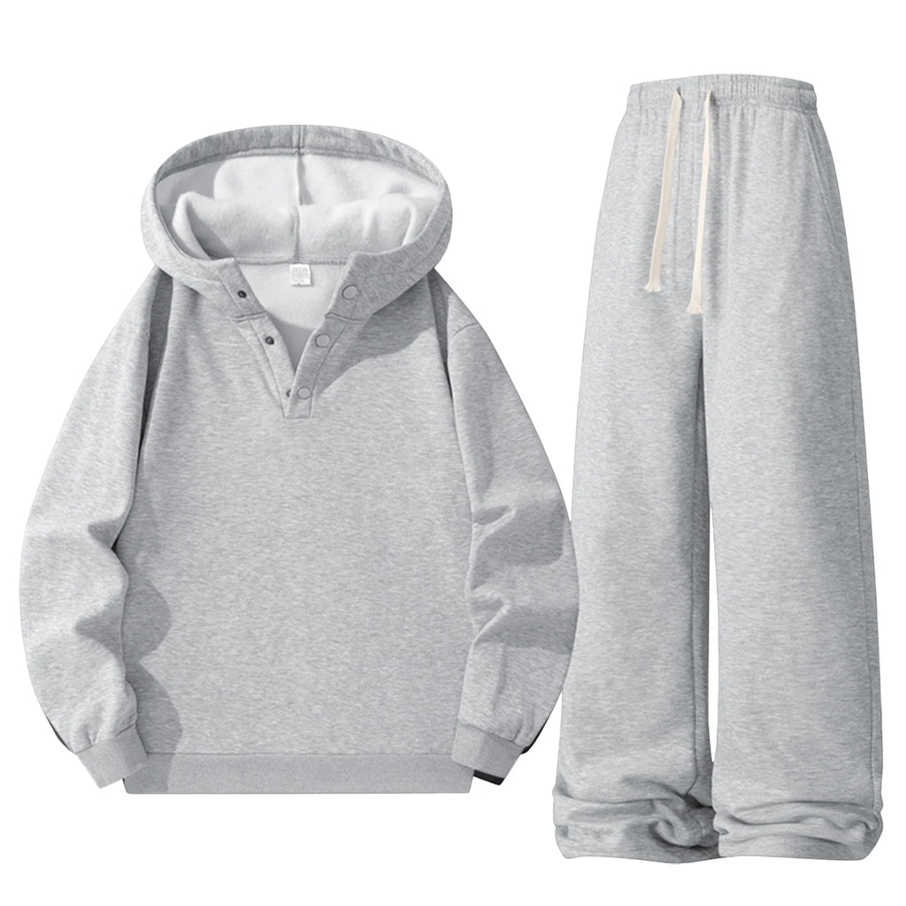 Men Fleece Lined Tracksuit 2‑Piece Set Henley Button Hoodie Sweatshirt Wide Leg Sweatpants Casual Warm Outfit 3 Colors Available