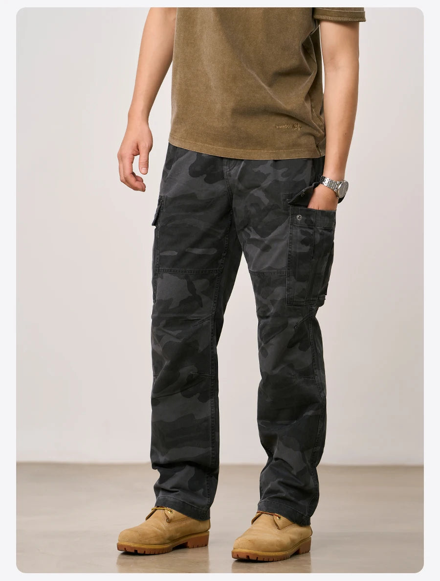 SIMWOOD 2026 Autumn Winter New Loose Straight 300gsm 100% Cotton Fabric Camouflage Cargo Pants Washed Vintage Outdoor Trousers