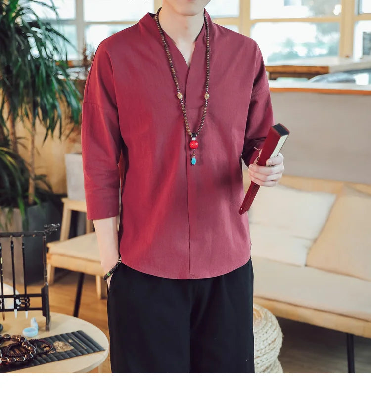 Summer Kimono Japanese Style Short Sleeve Men New Half-sleeved Cotton Linen Breathable Men Clothing T-shirt Japanese Yukata Tops