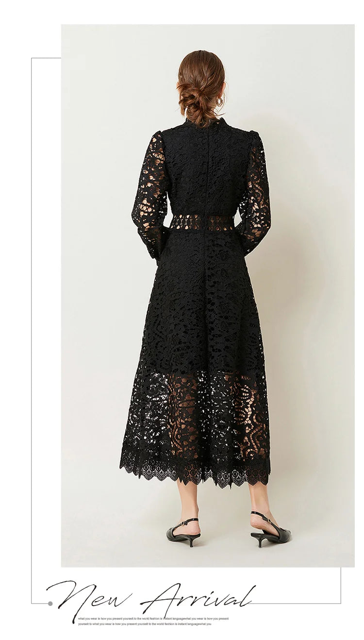 Solid Lace Holloe Out Slimming Elegant Dresses For Women Stand Collar Long Sleeve High Waist Minimalist Dress Female Fashion