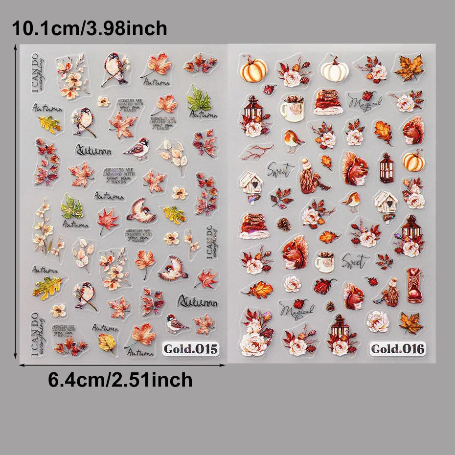2/4pcs 5D Laser Autumn Bird Decals Fall Embossed Maple Leaves Squirrel Nail Sticker Fruits Flower Engraved Charm Manicure Decor