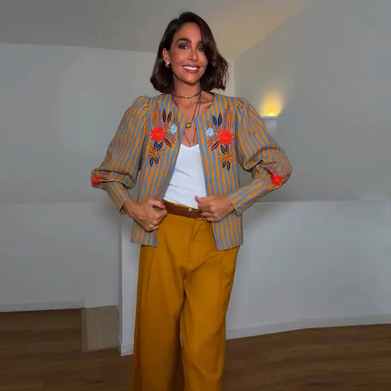 Fashion Striped Flower Embroidered Jacket Round Neck Long Sleeve Loose Coat Casual 2026 Early Autumn New Daily Ladies Clothing