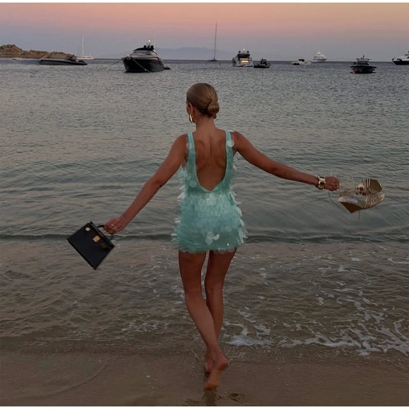 Fashion Sequin Mini Dress Women Sexy O-neck Sleeveless Backless Waist-cinching Slim Dresses 2026 Summer Lady Vacation Robe