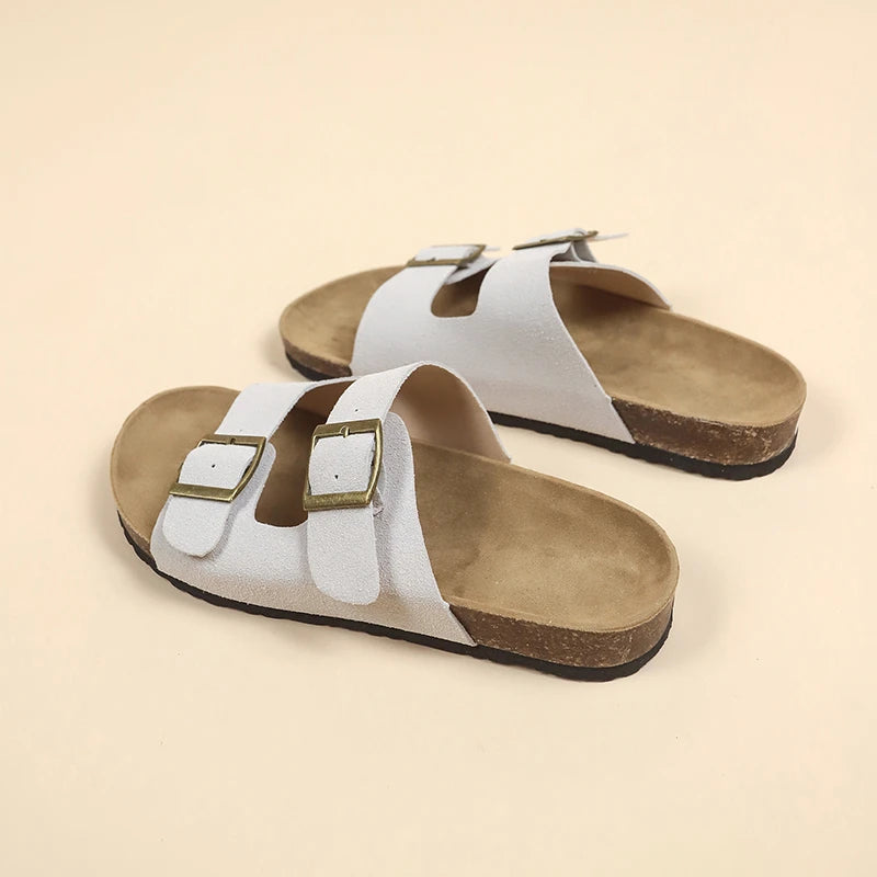 Women's Flat Outdoor Beach Casual Slippers Man Sliders Thick Sole Leather Cork Sole Sandals and Slippers