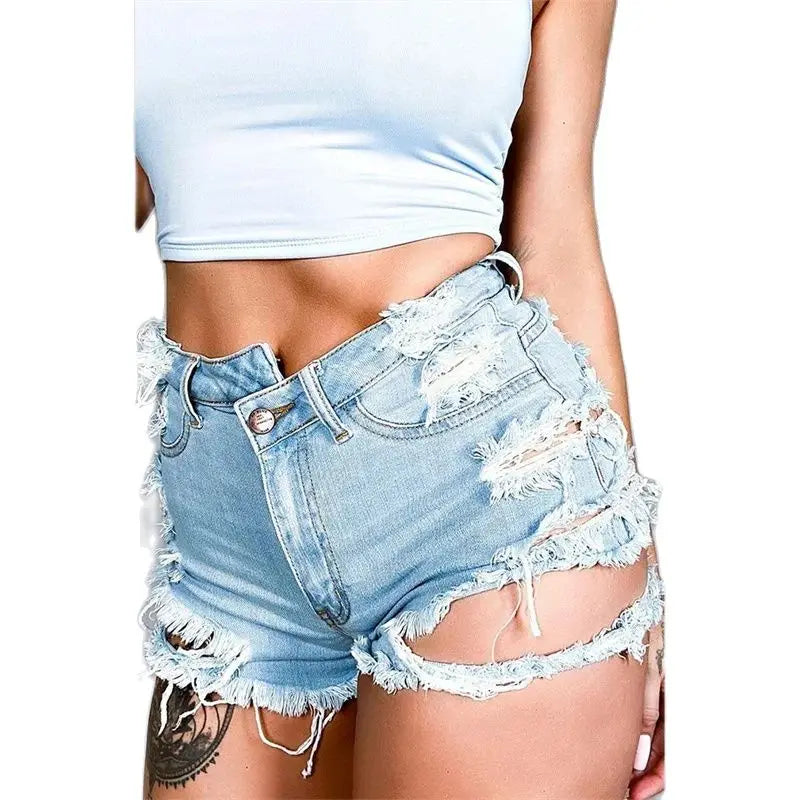 Fashion Sexy Rip Irregular Broken Holes Denim Shorts Women Tassel Trouser Legs Mini Jeans Female High Waist Three Quarter Pants