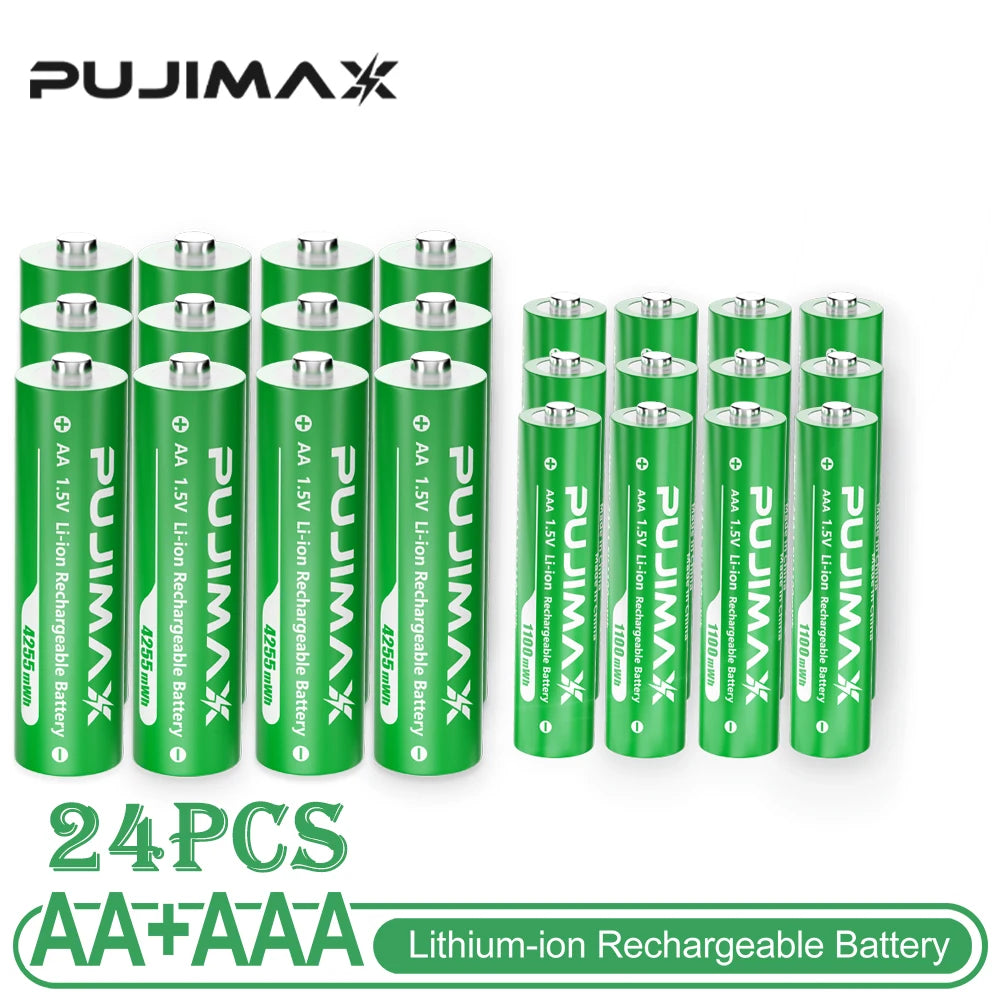 PUJIMAX Lithium-Ion Rechargeable Battery High-Capacity 1.5V 4255mWh AA&1100mWh AAA Battery for Remote Control Mouse Electric Toy