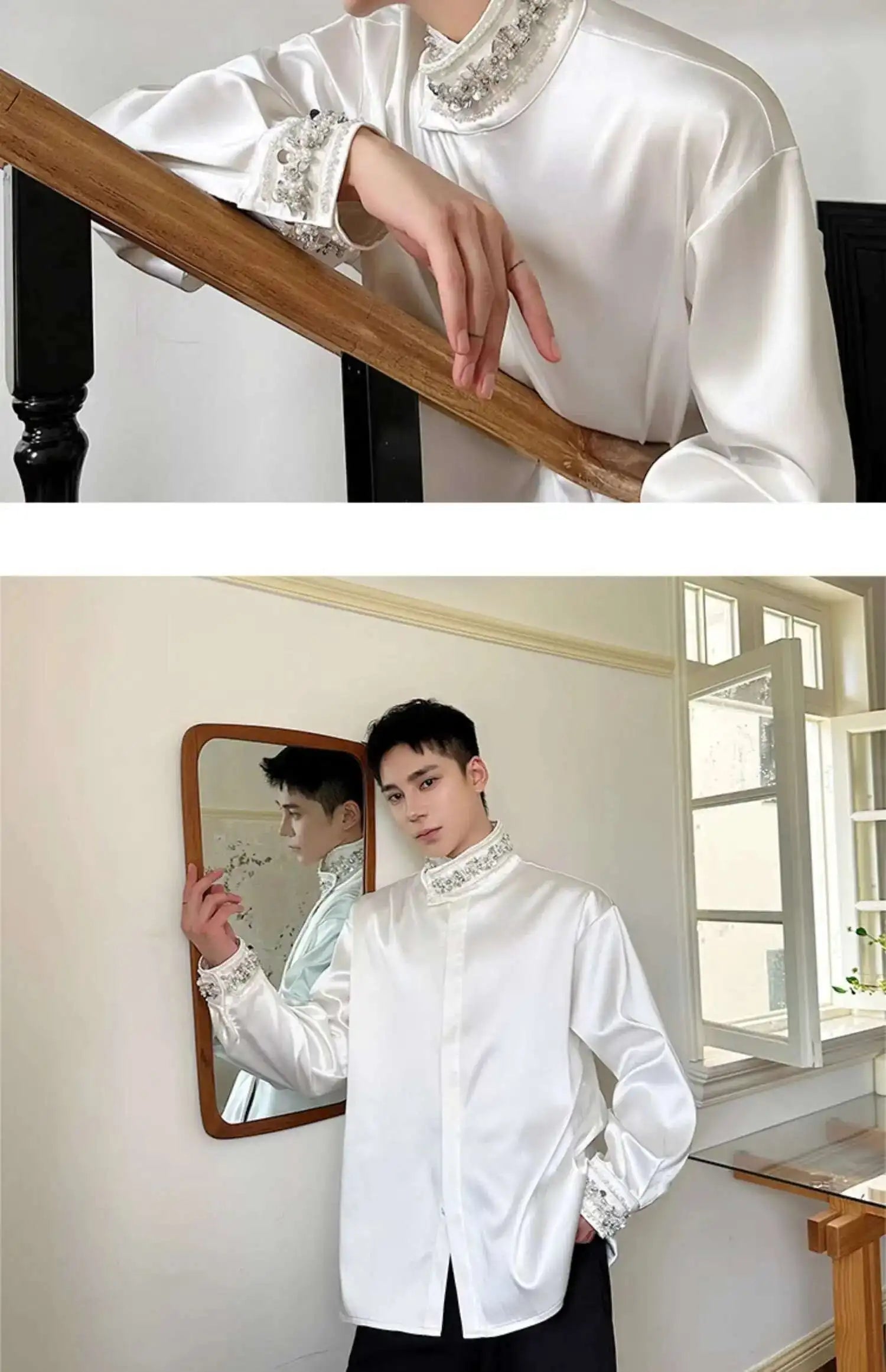 PFHQ Diamond Decoration Satin Long Sleeve Male Shirts Stand Collar Solid Color Single Breasted Men's Wear 2025 New Fashion9C7199