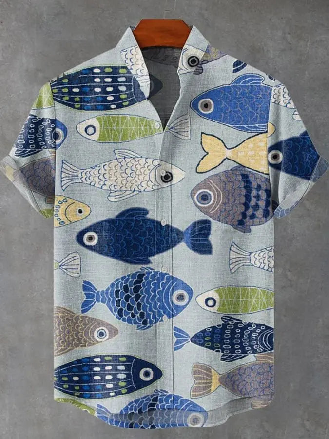 Men's Summer Casual Art Fish Pattern Printed Linen Short Sleeved Shirt, Comfortable And Fashionable Button Up Men's Top