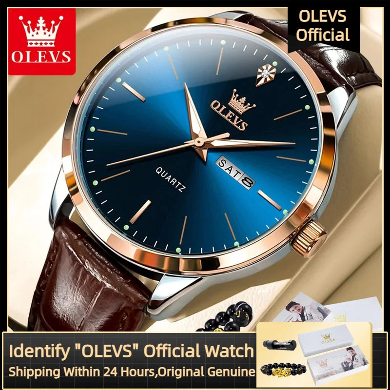 OLEVS 2935 Business Casual Men's Watch Waterproof Leather Strap Luxury Brand Date Week Temperament Trend Quartz Men's Watch